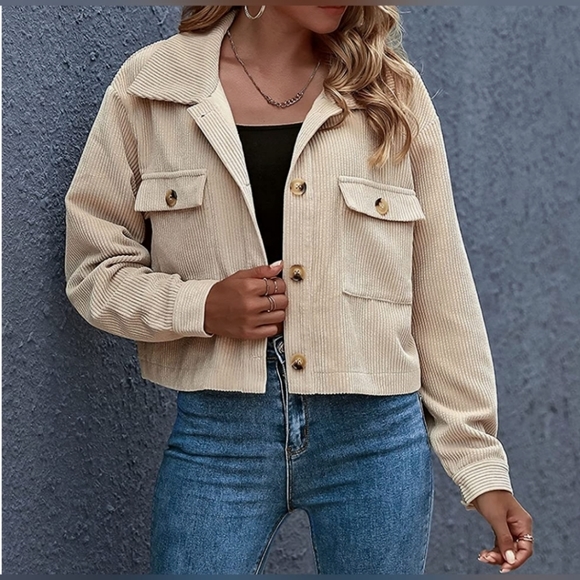 🌸APRICOT COLOR Cropped Corduroy Jacket Shacket - Picture 3 of 3